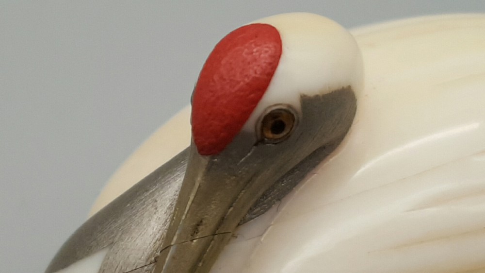 Beautiful Japanese Meiji (19thC) Ivory Lacquered Netsuke of Red-Crowned Crane signed Shingetsu View VII