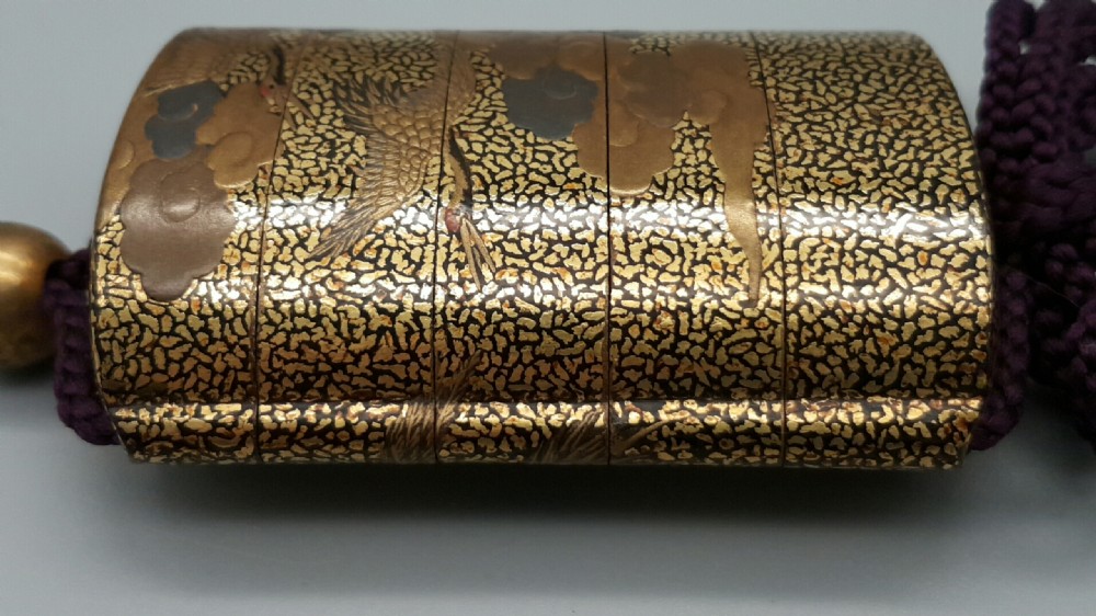 Outstanding Japanese Meiji (19thC) Gold Takamaki-e Inro Depicting Red-Crowned Cranes View IV