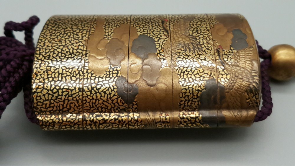 Outstanding Japanese Meiji (19thC) Gold Takamaki-e Inro Depicting Red-Crowned Cranes View V