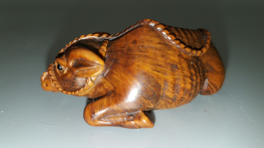 Japanese Meiji (early 20thC) Boxwood Netsuke of Reclining Ox  View II