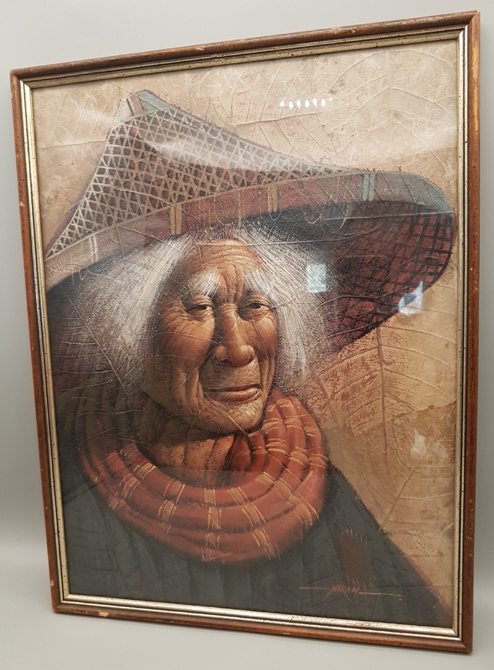 Two Japanese Vintage (ca. 1960) Portraits of an Elderly Couple Painted on Leaves View II