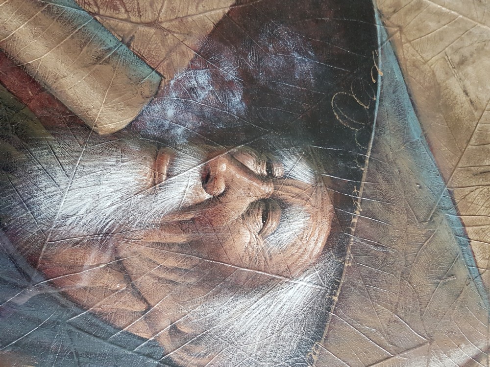 Two Japanese Vintage (ca. 1960) Portraits of an Elderly Couple Painted on Leaves View IV