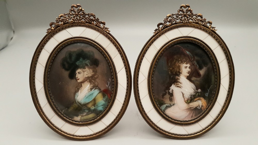 Two Miniature Portraits ca 1900 in Period Gilt Brass Oval Frames