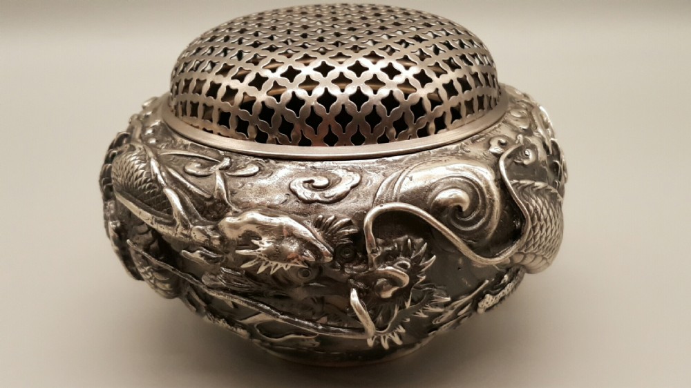 Vintage Japanese Silvered Bronze Dragon Censor