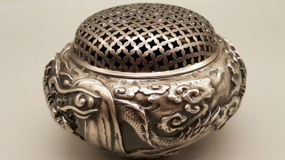 Vintage Japanese Silvered Bronze Dragon Censor View III