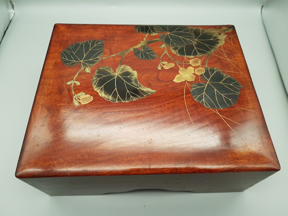 Beautiful Vintage Japanese Wooden Stationery Box with Lacquer Leaf Decoration View II