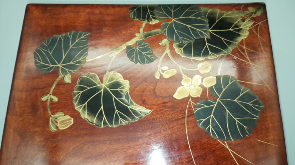Beautiful Vintage Japanese Wooden Stationery Box with Lacquer Leaf Decoration View III