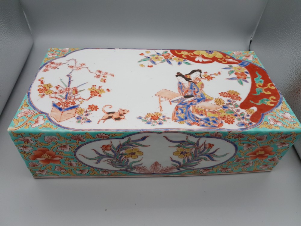 Extremely Rare Japanese Edo (18thC) Hand-Painted Porcelain Writing Box (Suzuri-bako)
