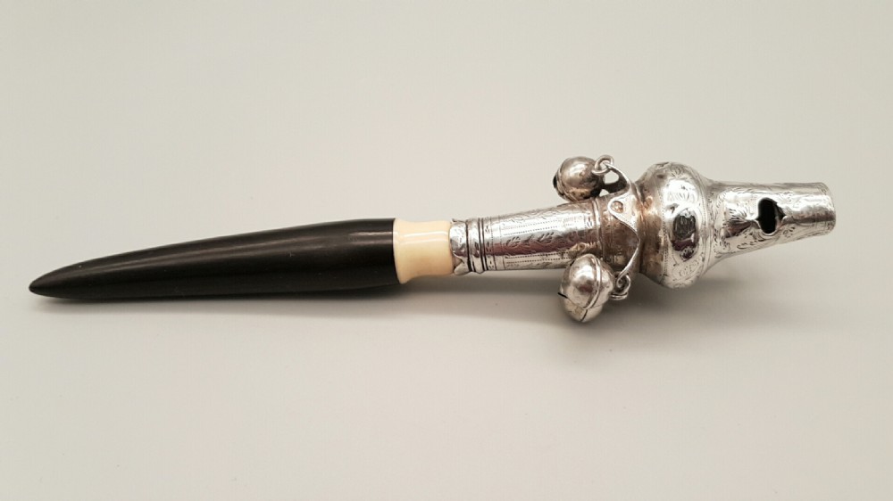 Antique Georgian (18thC) Silver Baby’s Rattle, Whistle & Teether 