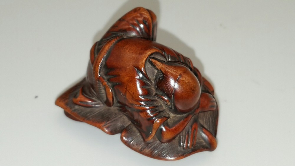 Unusual Japanese Edo (early 19thC) Boxwood Netsuke of a Sleeping Farmer