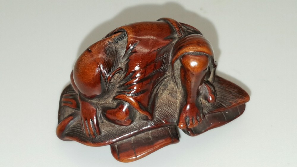 Unusual Japanese Edo (early 19thC) Boxwood Netsuke of a Sleeping Farmer View II