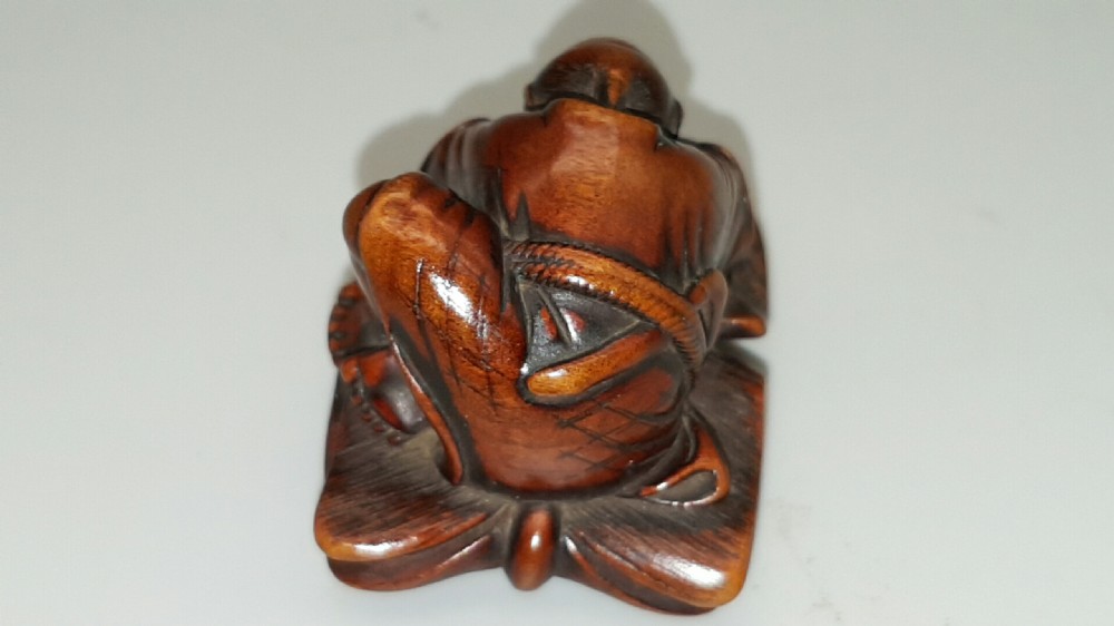 Unusual Japanese Edo (early 19thC) Boxwood Netsuke of a Sleeping Farmer View III