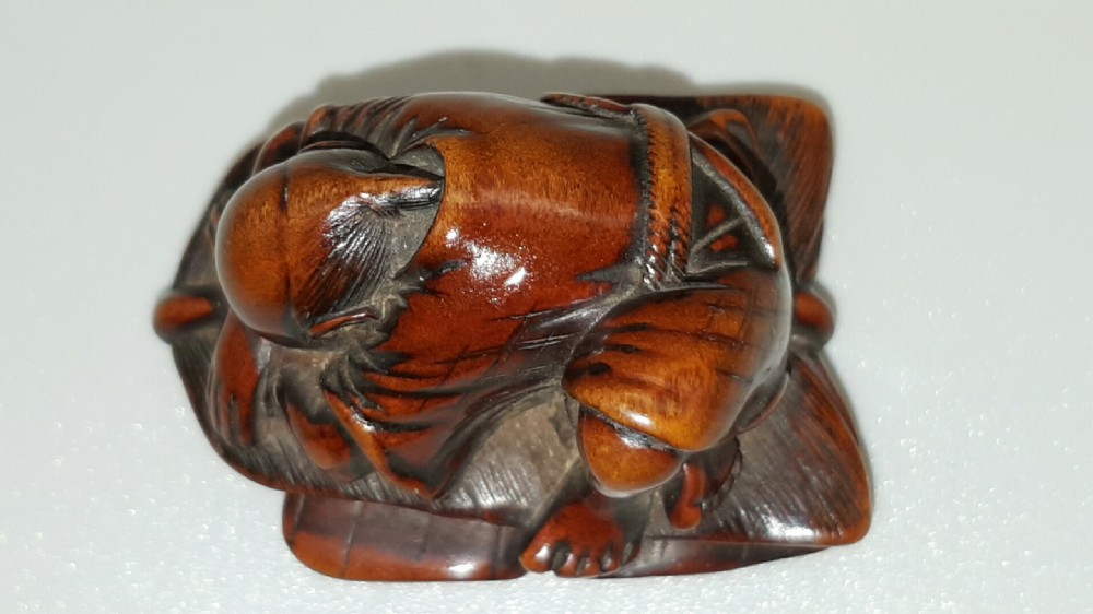 Unusual Japanese Edo (early 19thC) Boxwood Netsuke of a Sleeping Farmer View VI