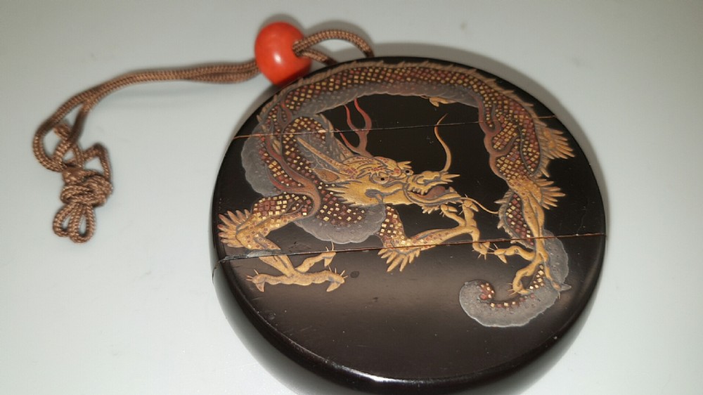 Unusual Japanese Meiji (19thC) Lacquer Circular Two-Case Dragon Inro
