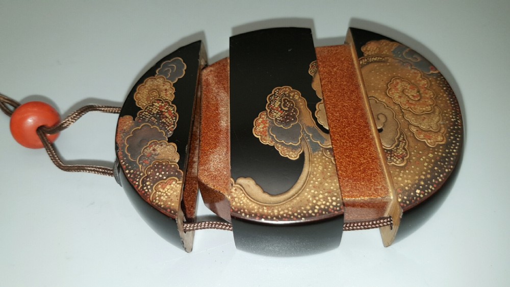 Unusual Japanese Meiji (19thC) Lacquer Circular Two-Case Dragon Inro View III