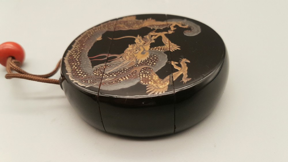Unusual Japanese Meiji (19thC) Lacquer Circular Two-Case Dragon Inro View V