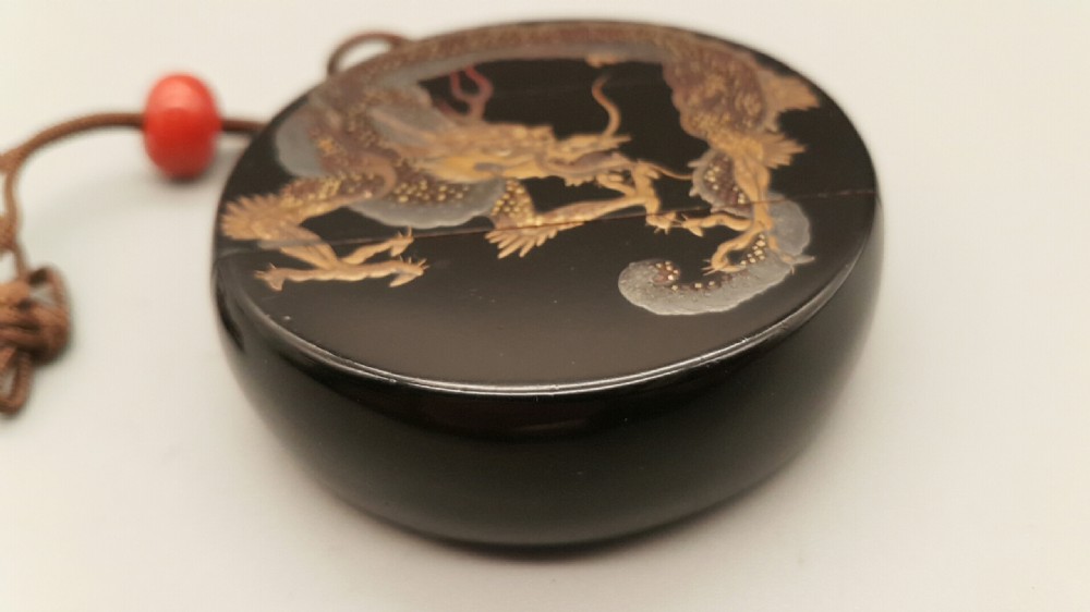 Unusual Japanese Meiji (19thC) Lacquer Circular Two-Case Dragon Inro View VI