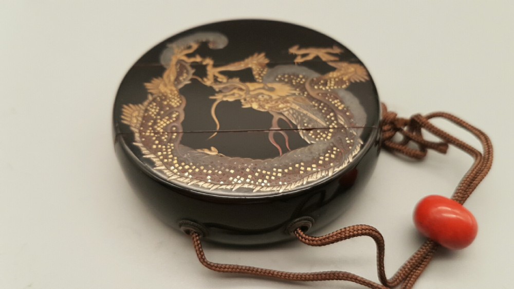 Unusual Japanese Meiji (19thC) Lacquer Circular Two-Case Dragon Inro View VII