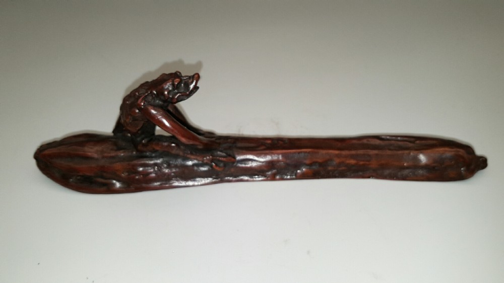 Japanese Meiji (early 20thC) Traditional Bronze Paperweight Depicting a Kappa on a Cucumber View III