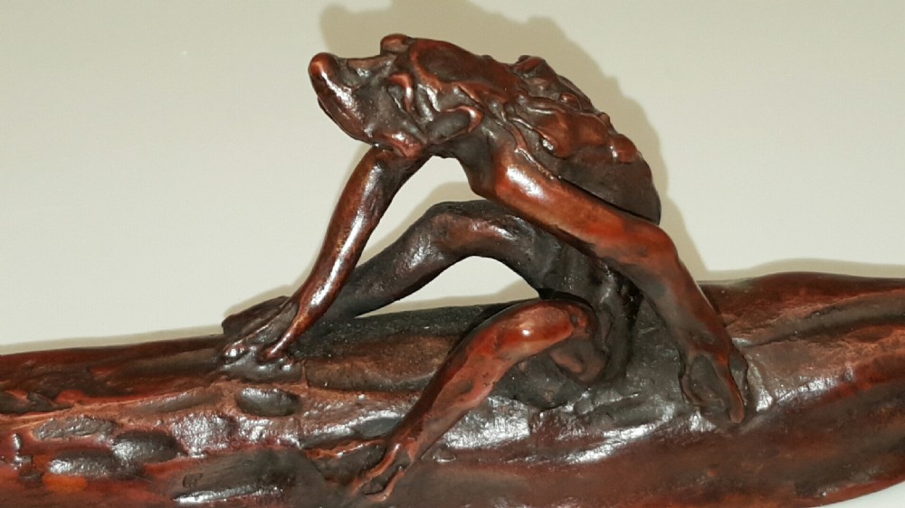 Japanese Meiji (early 20thC) Traditional Bronze Paperweight Depicting a Kappa on a Cucumber View IV