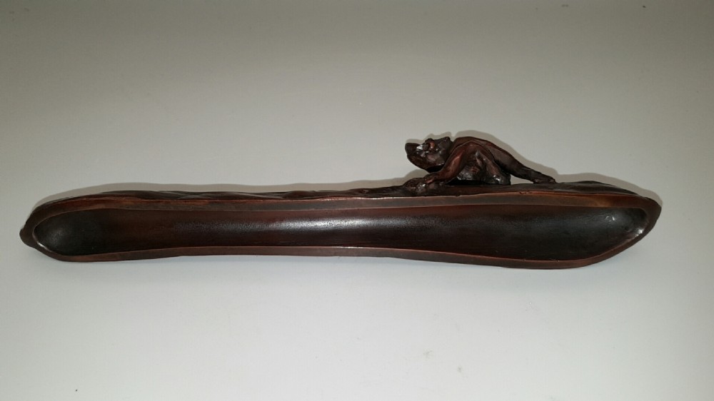 Japanese Meiji (early 20thC) Traditional Bronze Paperweight Depicting a Kappa on a Cucumber View V