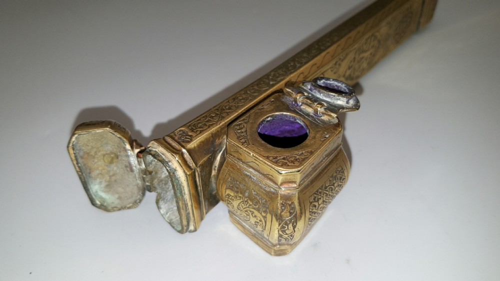 Rare Antique (19thC) Ottoman/Persian Qalamdan, a Scribe's Pen Box with Attached Inkwell View IV