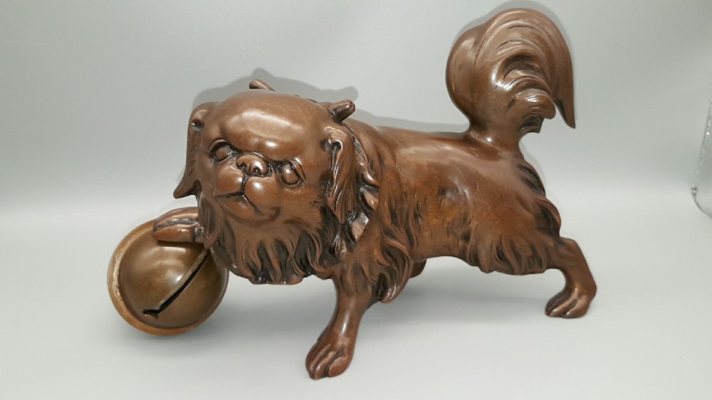 Superb Japanese Meiji (early 20thC) Bronze of a Japanese Chin Dog Playing with a Ball