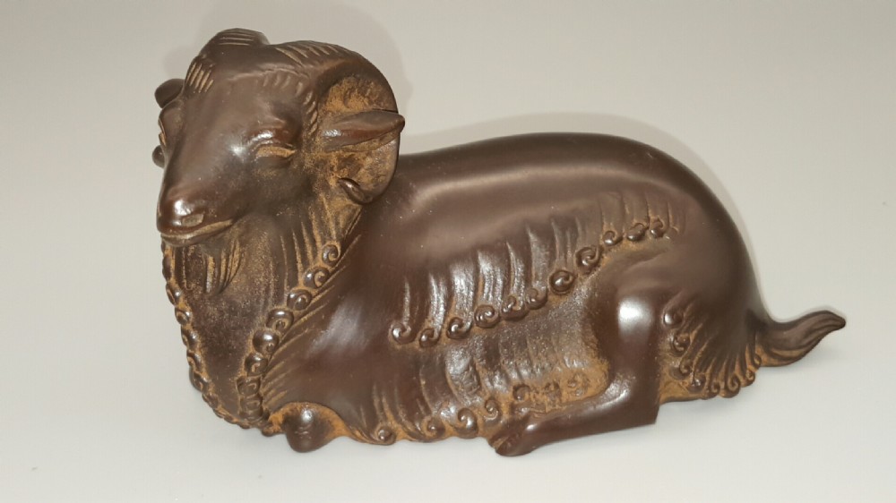 Striking Japanese Showa Small Bronze of a Seated Ram by Masahiko Katori