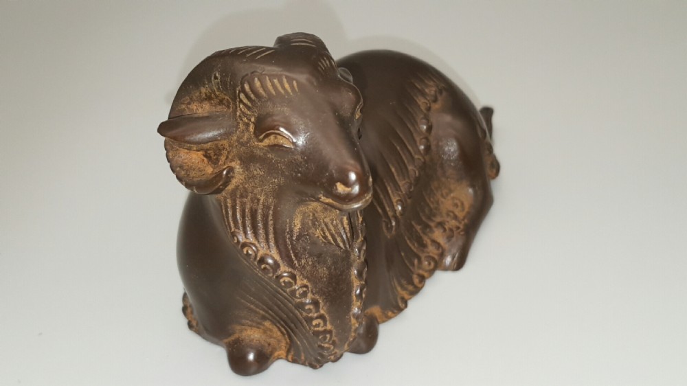 Striking Japanese Showa Small Bronze of a Seated Ram by Masahiko Katori View II
