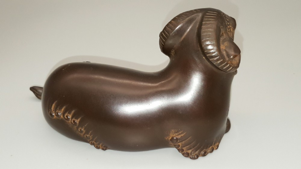 Striking Japanese Showa Small Bronze of a Seated Ram by Masahiko Katori View III