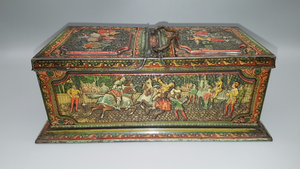 Attractive Huntley & Palmers C 1900 Biscuit Tin in the form of a Tea Caddy with Embossed Medieval Designs