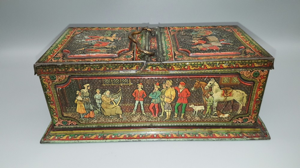 Attractive Huntley & Palmers C 1900 Biscuit Tin in the form of a Tea Caddy with Embossed Medieval Designs View II