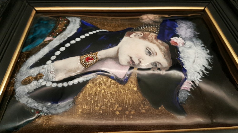 A 19th-century French Limoges enamel porcelain plaque featuring a portrait of a woman in Renaissance clothing, presented within a dark moulded frame. View VIII