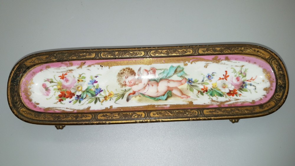Attractive French 19thC Hand-Painted Porcelain & Ormolu Pen Tray 