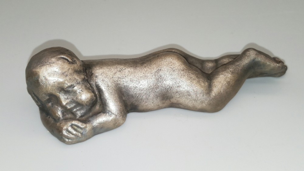 Charming Japanese Meiji Silvered Bronze Paperweight of a Naked Child