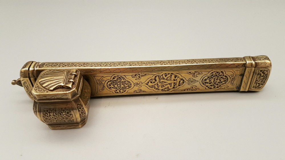 Rare Antique (19thC) Ottoman Qalamdan, a Scribe's Pen Box with Attached Inkwell