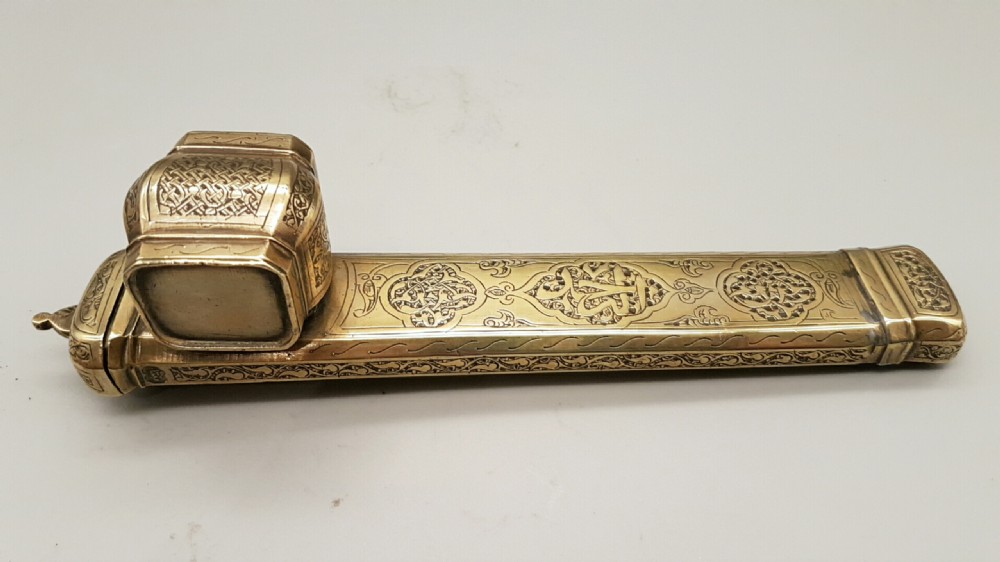 Rare Antique (19thC) Ottoman Qalamdan, a Scribe's Pen Box with Attached Inkwell View II