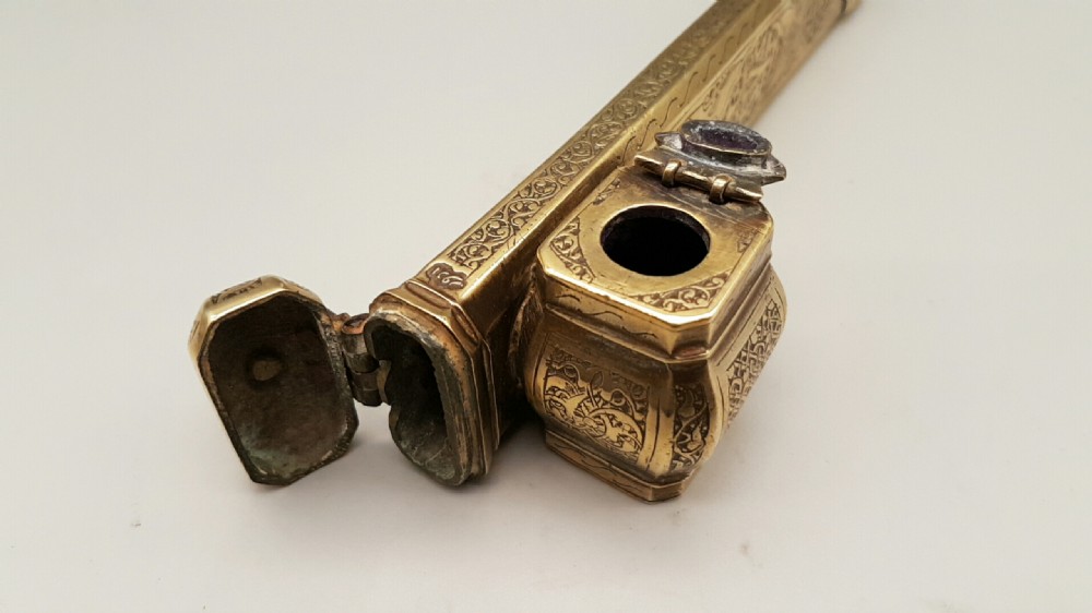 Rare Antique (19thC) Ottoman Qalamdan, a Scribe's Pen Box with Attached Inkwell View III