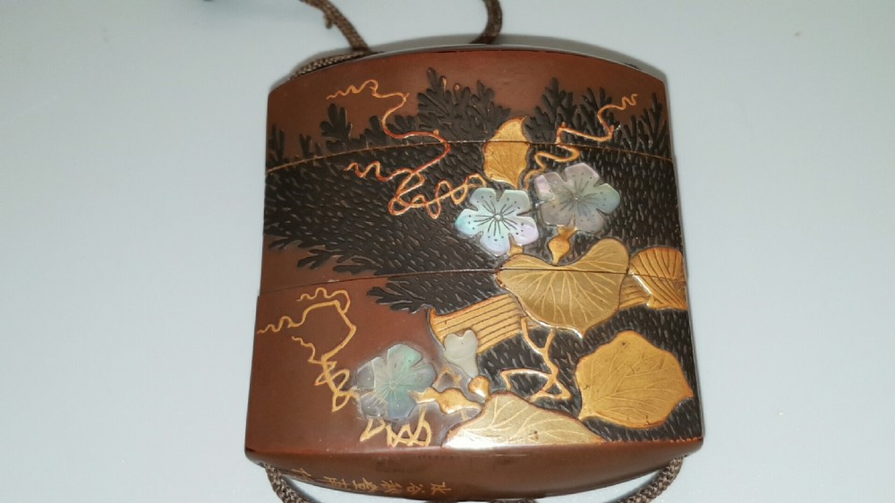 Superb Japanese Edo (18thC) Gold and Brown Lacquer Two-Case Inro by Mitzutani Shutoho View II