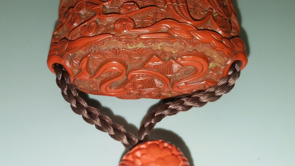 Excellent Japanese Meiji Red Lacquer (Cinnabar) Inro with Ojime View III