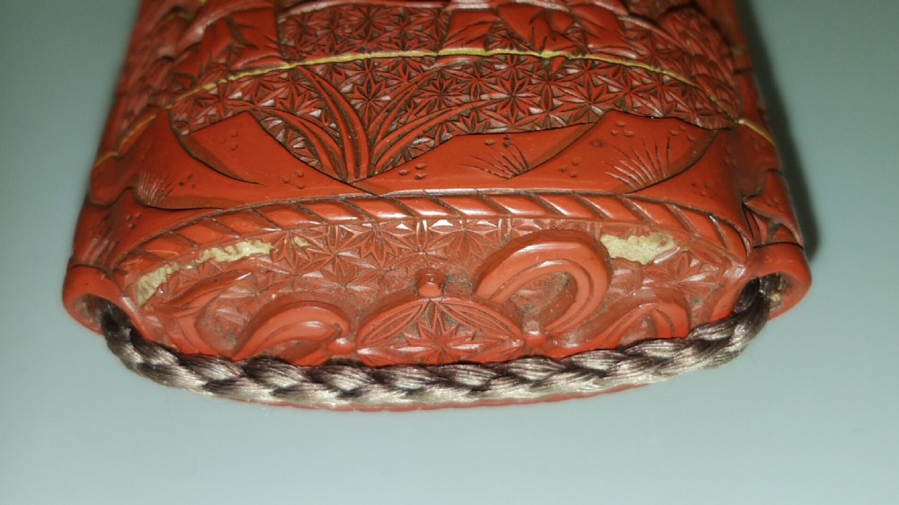 Excellent Japanese Meiji Red Lacquer (Cinnabar) Inro with Ojime View IV