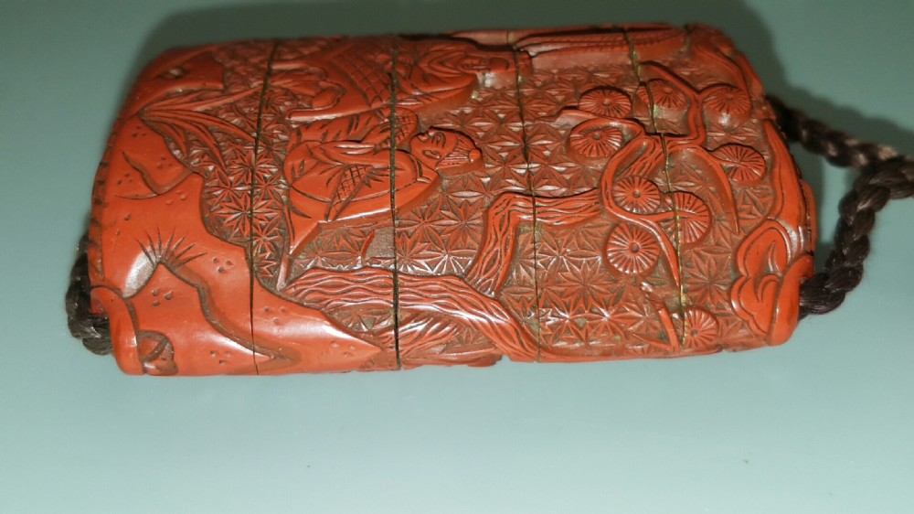 Excellent Japanese Meiji Red Lacquer (Cinnabar) Inro with Ojime View V