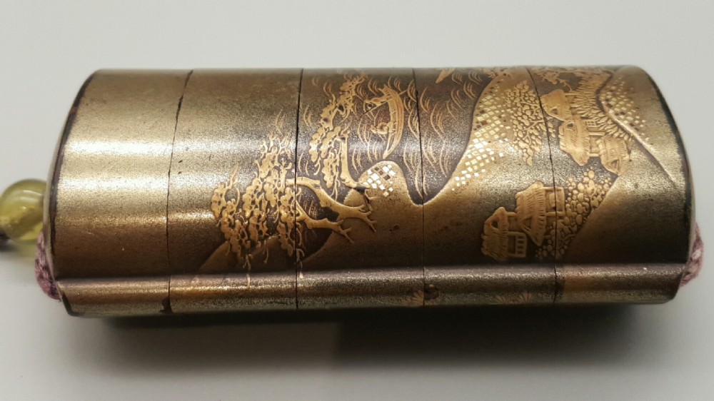 Attractive Japanese Meiji Gold 4-Case Lacquer Inro with Glass Ojime View III