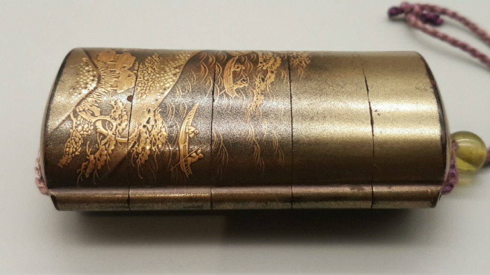 Attractive Japanese Meiji Gold 4-Case Lacquer Inro with Glass Ojime View IV