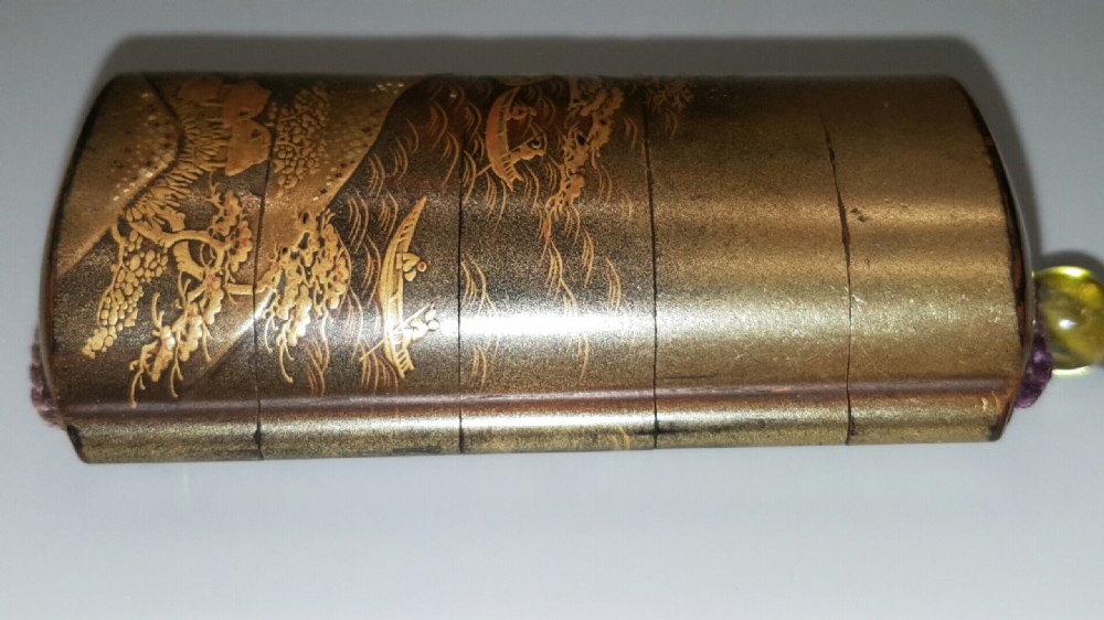 Attractive Japanese Meiji Gold 4-Case Lacquer Inro with Glass Ojime View VII