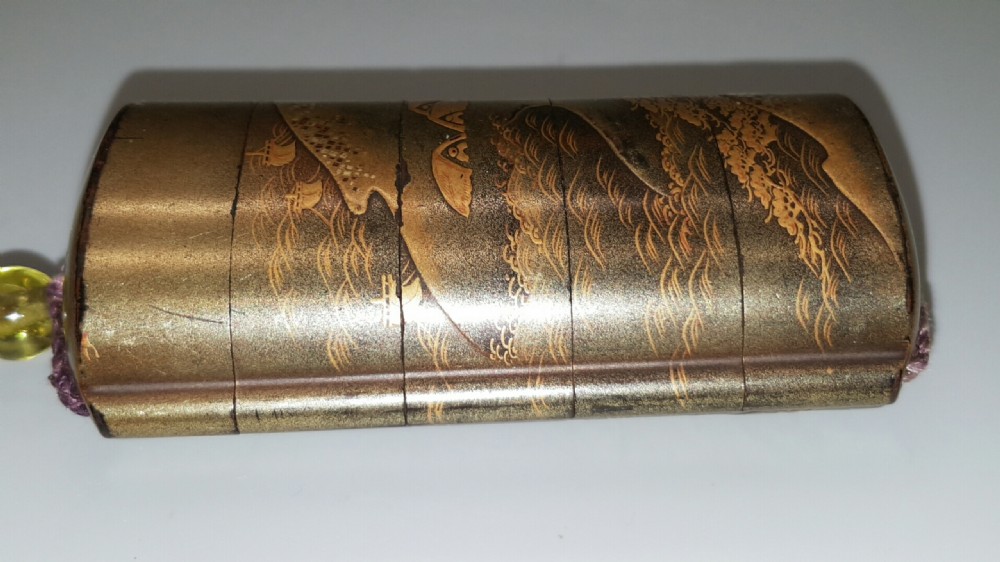 Attractive Japanese Meiji Gold 4-Case Lacquer Inro with Glass Ojime View VIII