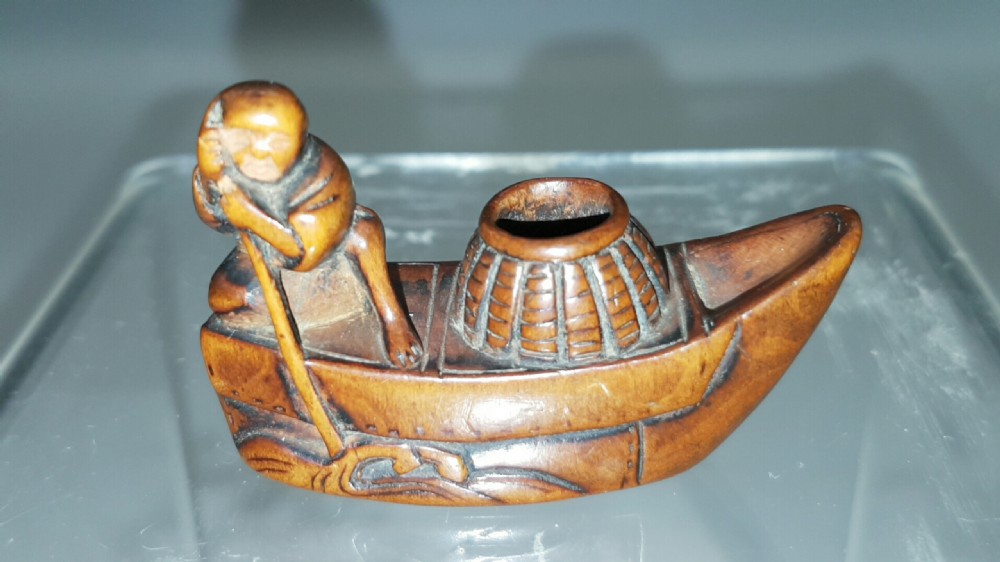 Unusual Japanese Edo Boxwood Netsuke of a Fishman's Boat