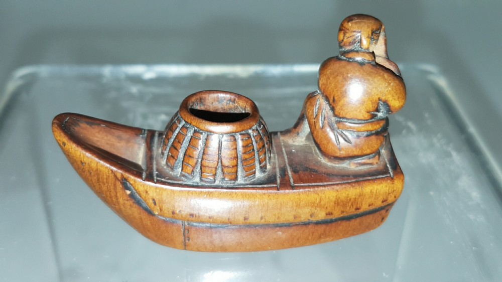 Unusual Japanese Edo Boxwood Netsuke of a Fishman's Boat View II