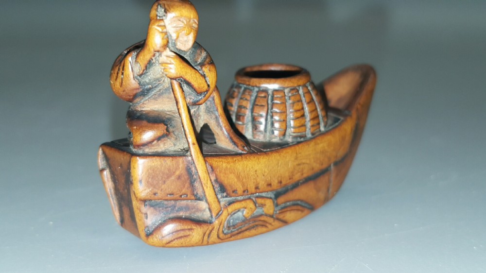 Unusual Japanese Edo Boxwood Netsuke of a Fishman's Boat View V