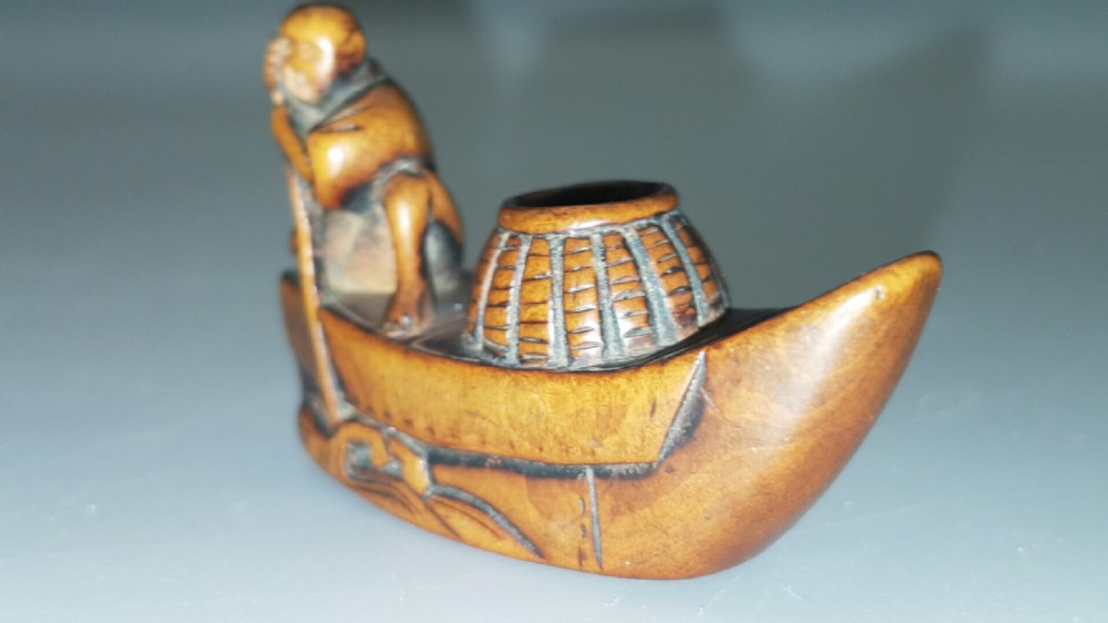 Unusual Japanese Edo Boxwood Netsuke of a Fishman's Boat View VI